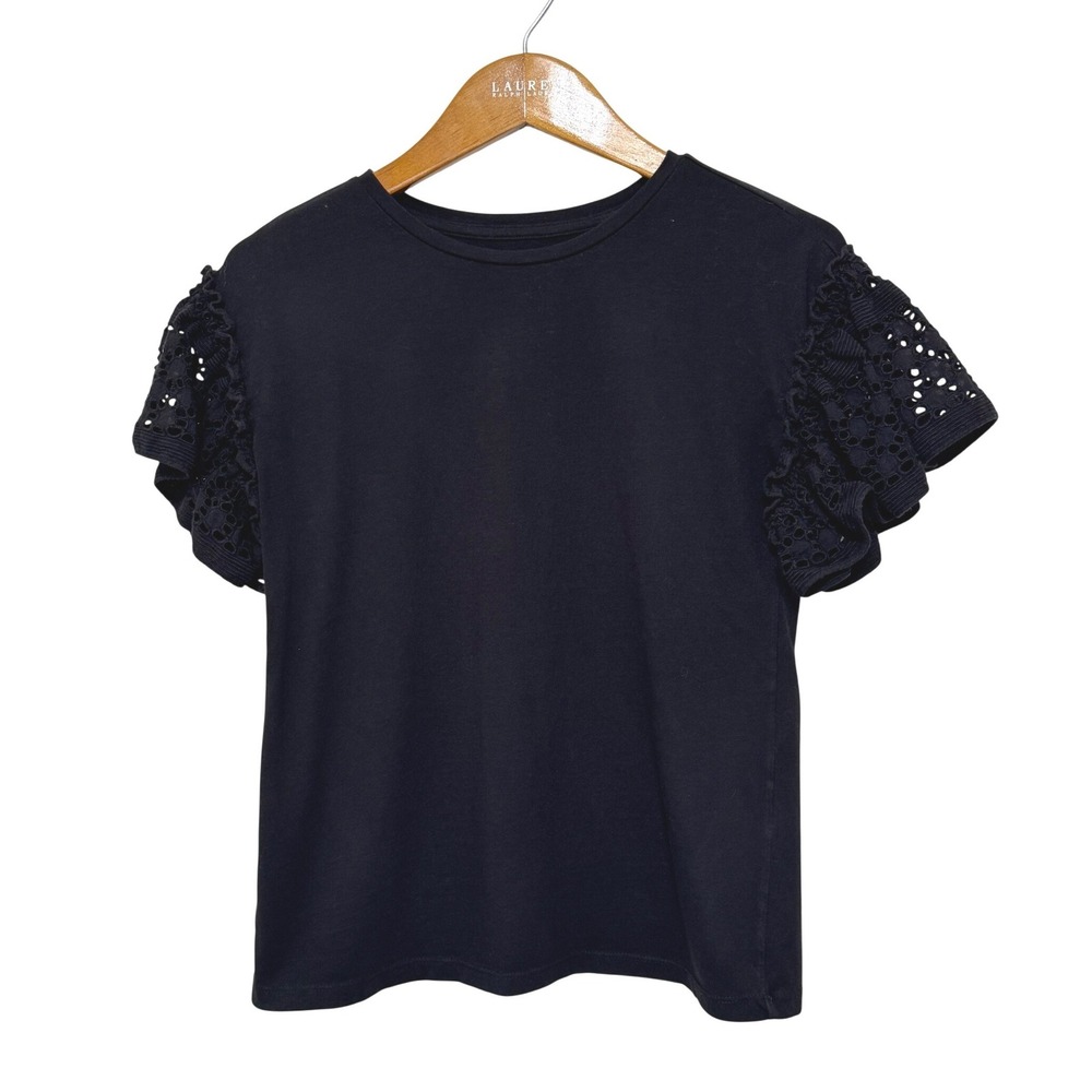 AllSaints Trixi Ruffle Eyelet Sleeve T-Shirt XS Black - Picture 1 of 7